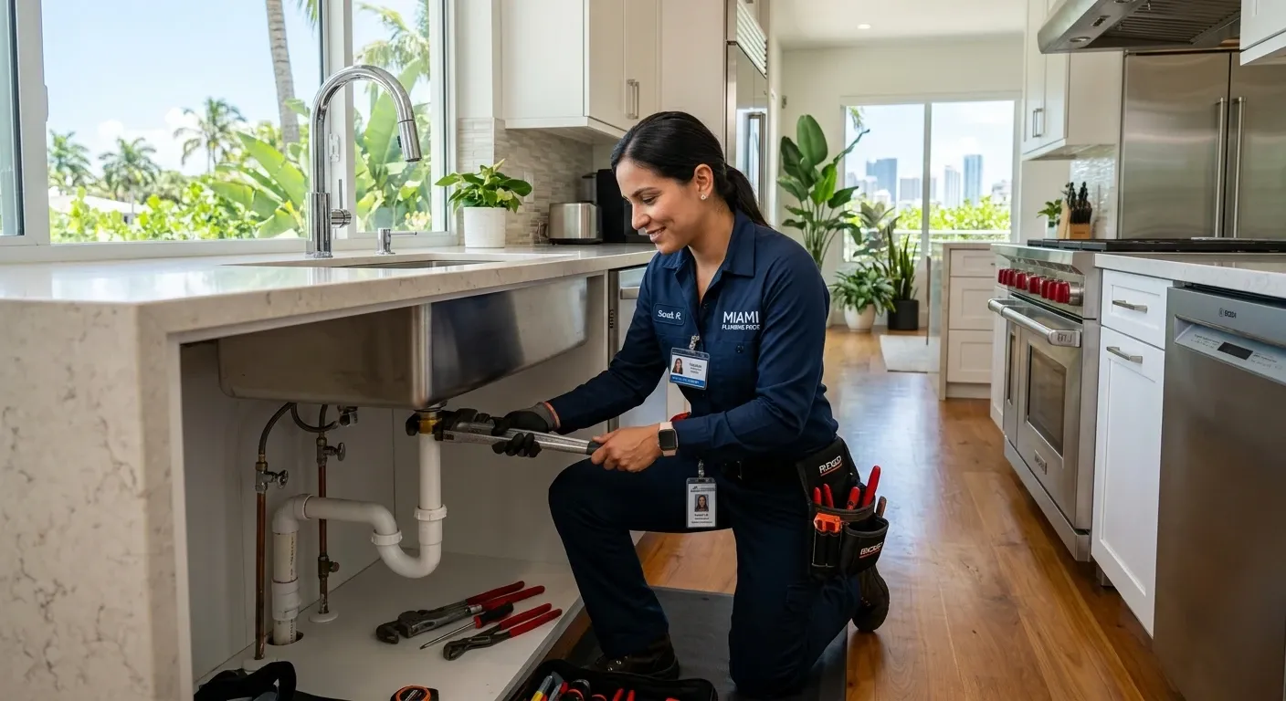 Professional plumber installing a new kitchen sink in a Miami home.
