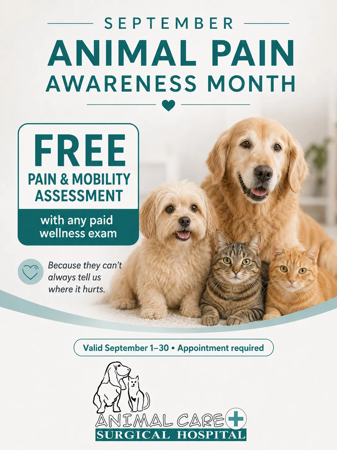 September Animal Pain Awareness Month - Free Pain & Mobility Assessment flyer