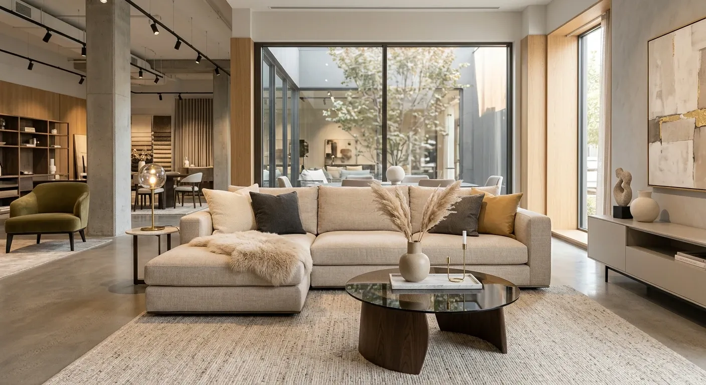 Salón contemporáneo con sofá de diseño y decoración de Sgarpa Mobiliario