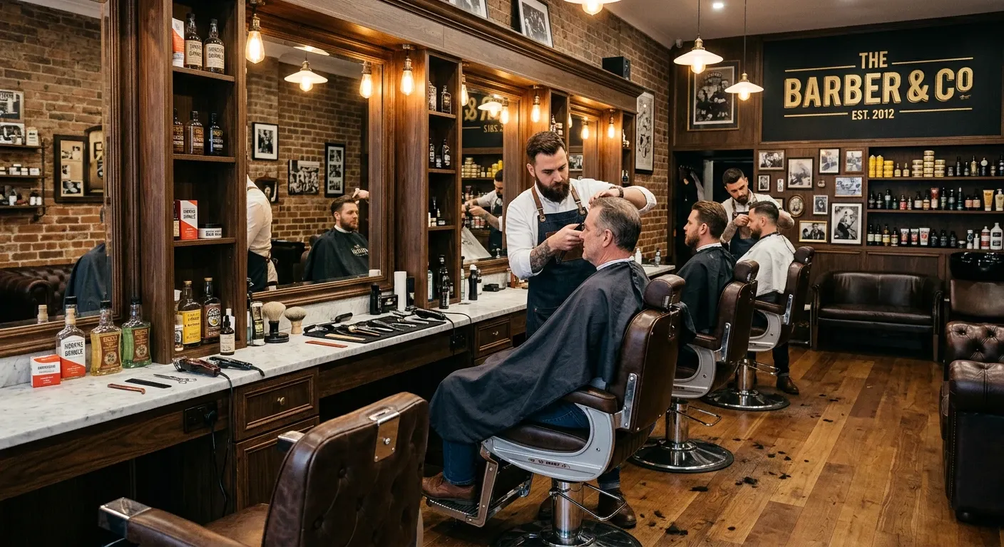 Interior de barbería clásica con sillones de cuero y ambiente acogedor.