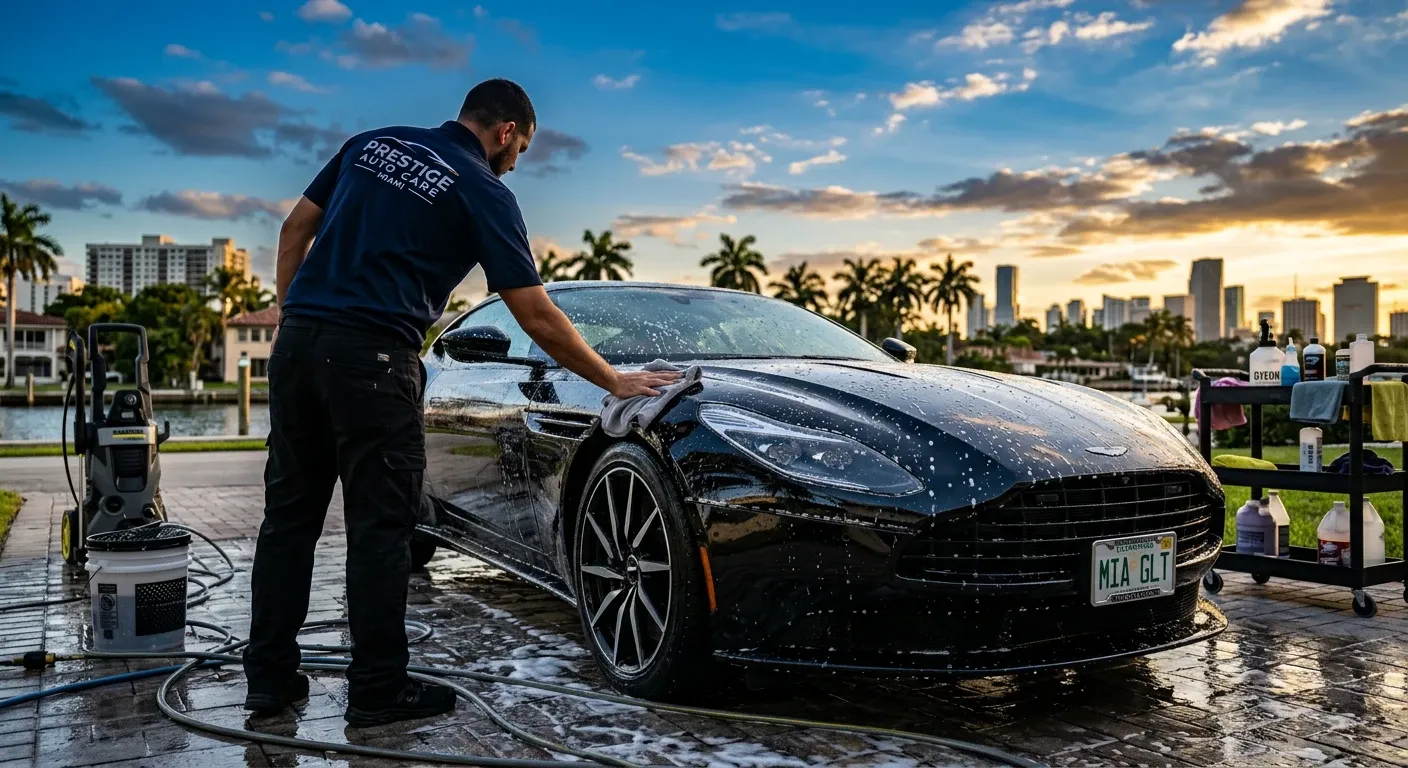 Luxury car being professionally detailed with water droplets and foam glistening under sunlight