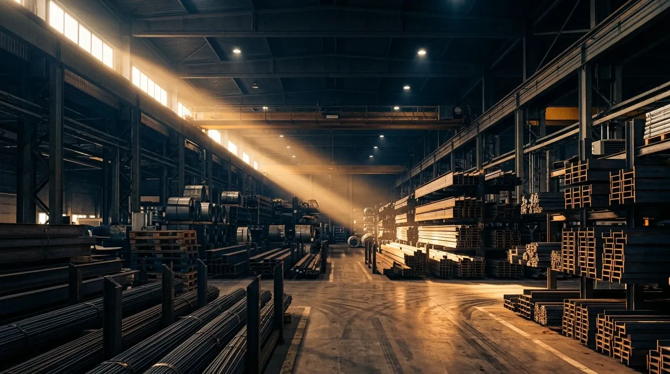 Stacks of steel beams and building materials in a dramatic, warmly lit warehouse.