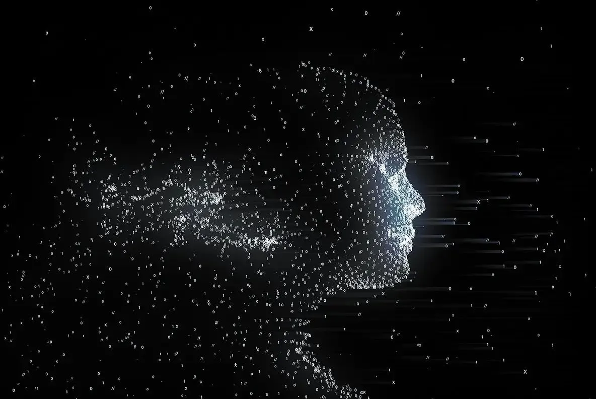 Abstract digital silhouette of a human head composed of glowing particles and data points against a dark background.