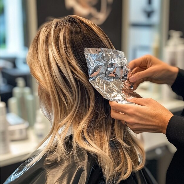 Proceso de balayage con estilista separando mechones y aplicando tinte en salón luminoso.
