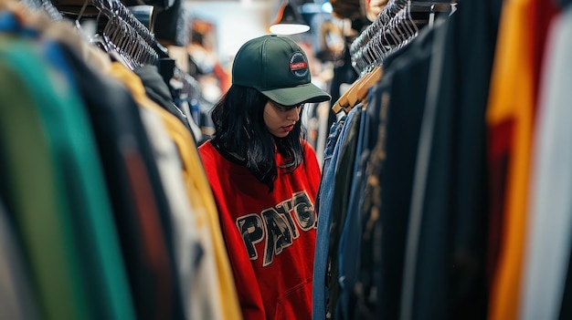 Colección de gorras expuesta en la pared de accesorios.