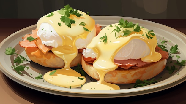 Golden Eggs Benedict topped with rich hollandaise on a toasted English muffin.