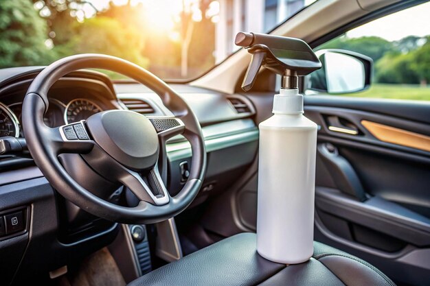 Producto eliminador de olores rociado en el interior de un vehículo.