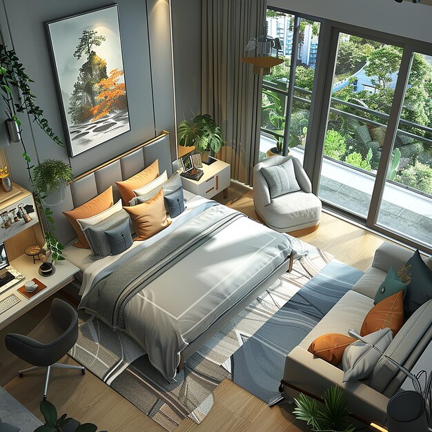 Spacious one-bedroom suite with living area, kitchen, and bedroom setup.