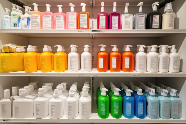 Productos de higiene alineados en estantería de Farmacia Palau.