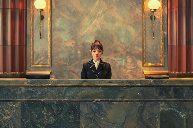 Elegant front desk area in Art Deco hotel with smiling staff and guest check-in counter.