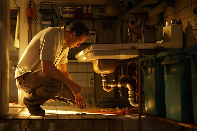 Plumber using tools to inspect plumbing system in a utility room.