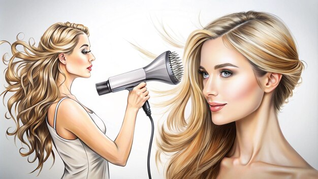 Client receiving a smooth blowout on long hair with a round brush and dryer.