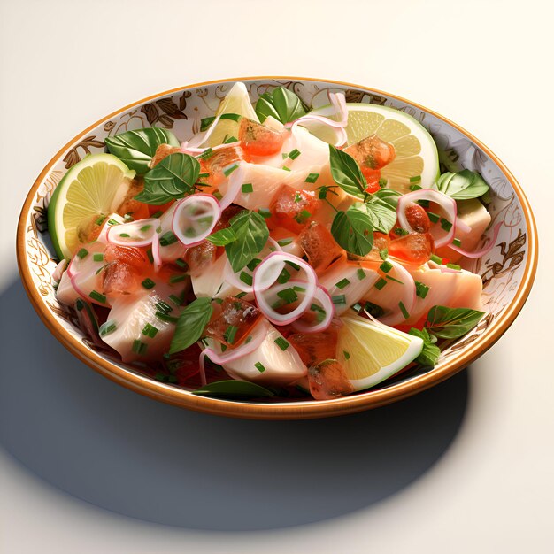 Vibrant ceviche piled high with fish and garnishes.