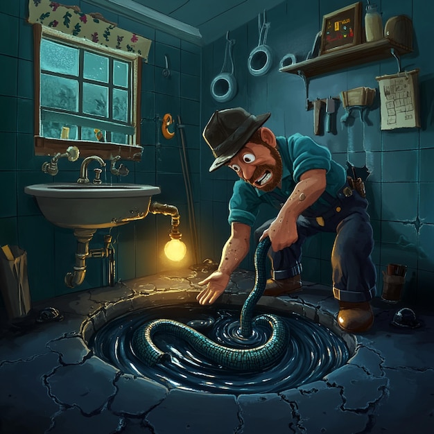 Plumber fixing a burst pipe with water spraying in an emergency situation.