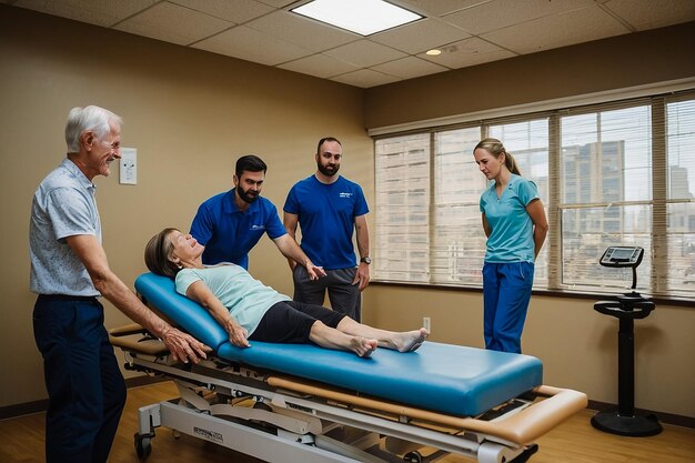 Equipo de fisioterapeutas en consulta con pacientes en ambiente luminoso y profesional.