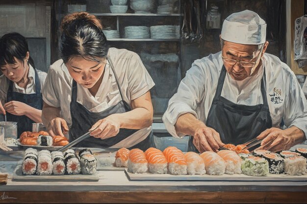 Sushi chefs crafting rolls with precision in a lively kitchen environment.