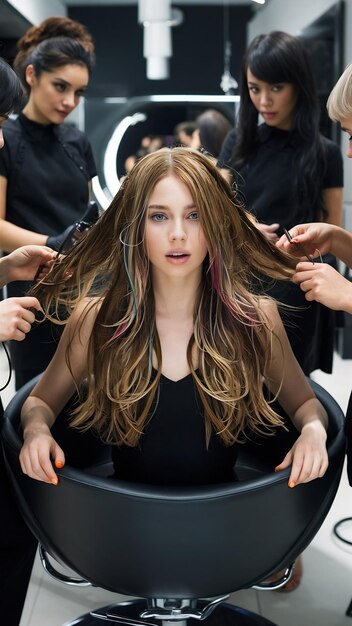 Hairstylist blow-drying and styling a client's long hair for a sleek finish.