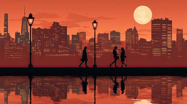 Vibrant cityscape featuring skyscrapers, bridges, and tourists enjoying evening lights.