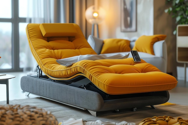 Sofá relax marrón con reposabrazos y reposapiés extendido.