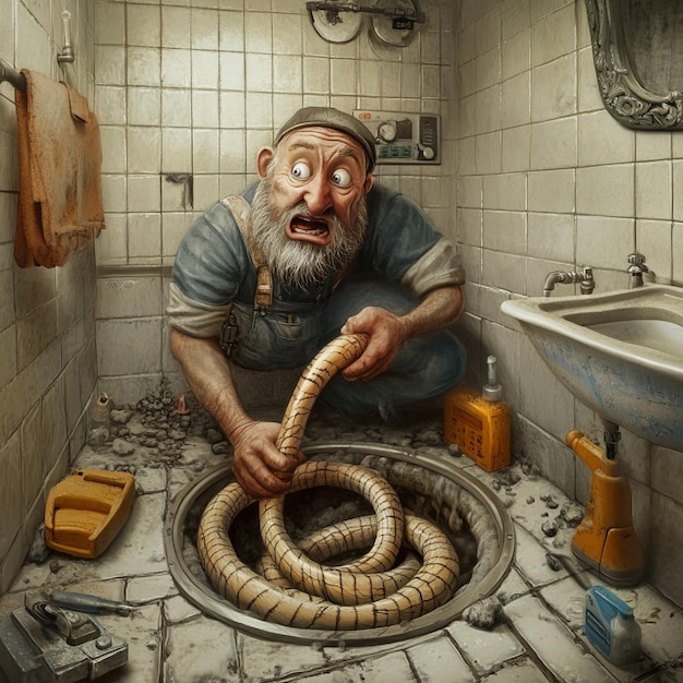 Plumber operating drain cleaning tool inside a bathroom sink pipe.