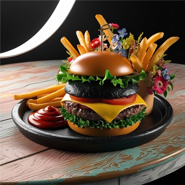 Bea burger with melted cheese and toppings alongside seasoned fries.