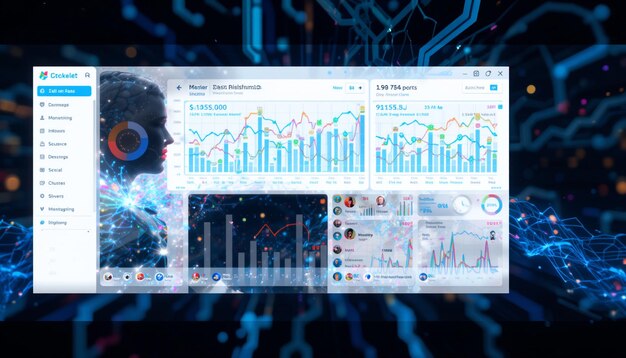 AI analytics dashboard highlighting SEO performance graphs and keyword insights.