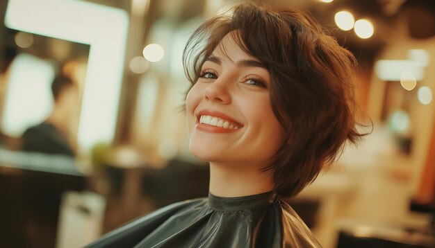 Mujer con corte bob recto y brillante posando en espejo de salón de belleza.