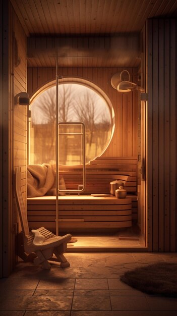 Interior elegante de sauna rusa de lujo con madera clara, iluminación tenue y detalles premium.