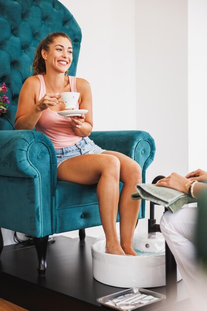 Relaxing pedicure with foot soak and polish.