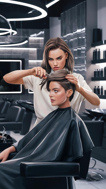 Estilista tijereando cabello largo de clienta sentada frente a espejo en salón de belleza.