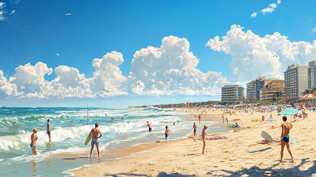Vibrant South Beach shoreline with clear waters, palm trees, and beachgoers.