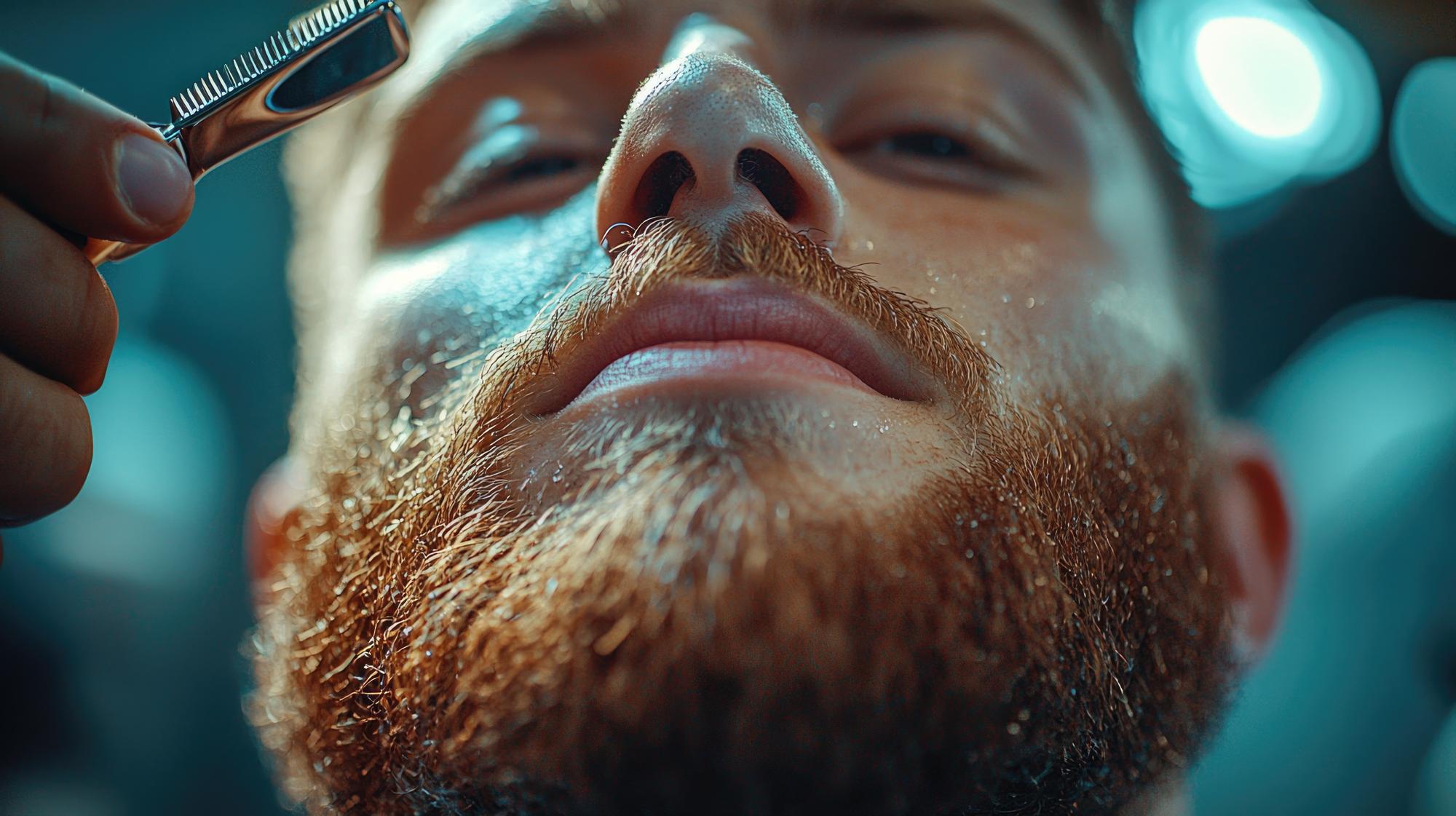 Precision beard shaping with clippers focusing on clean lines and contours.