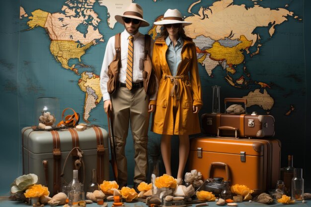 Group of excited travelers consulting with a travel agent surrounded by destination posters and world maps in a bright agency office.