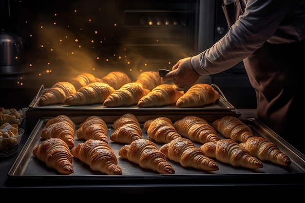 Panaderos trabajando con croissants en el horno de una panadería, mostrando el proceso artesanal.