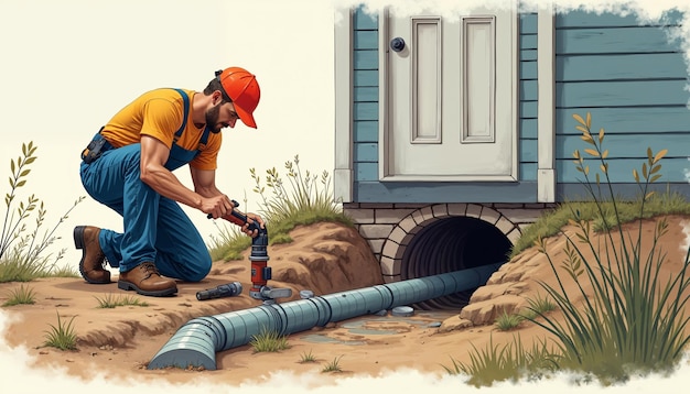 Plumbers working on sewer line replacement in a backyard trench.