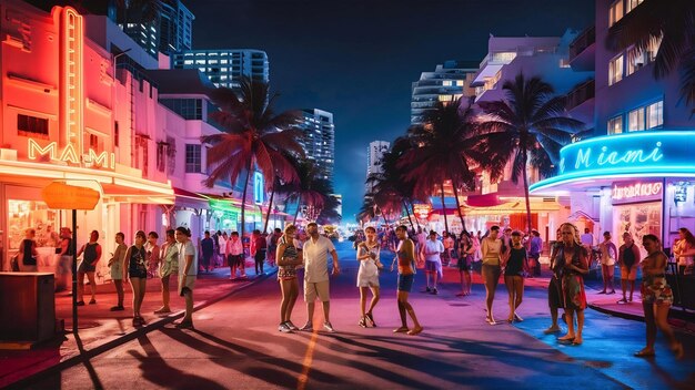 Bustling nighttime street scene on Collins Avenue in South Beach with bars and palm-lined walks.