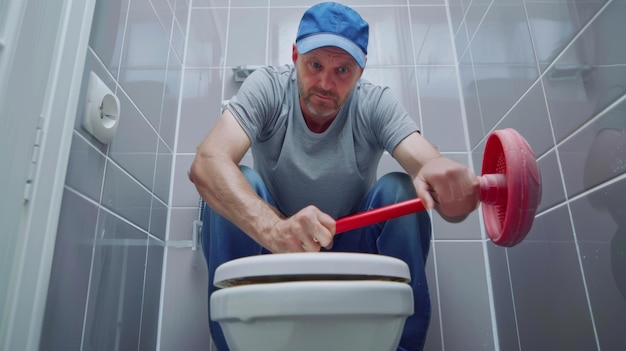 Professional addressing toilet clog with tools.