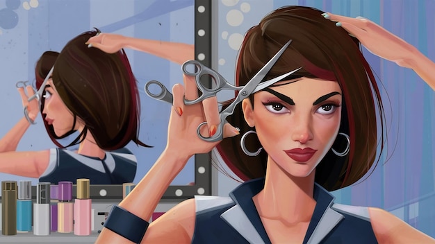 Stylist performing a precise women's haircut on a client.
