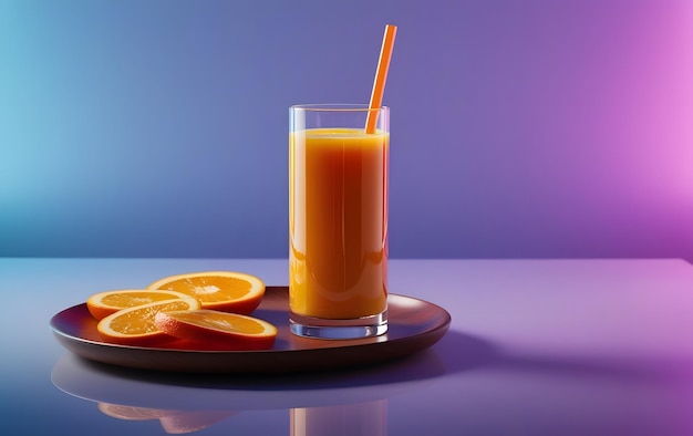 Tall glass of fresh squeezed juice with pulp and fruit wedge.