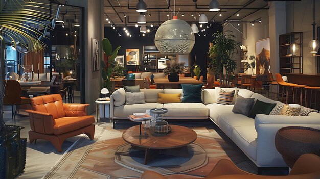 Interior luminoso de tienda de muebles con sofás, mesas y elementos de decoración expuestos.