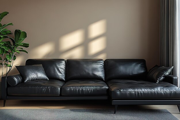 Sofá de cuero negro de tres plazas junto a mesa de centro.
