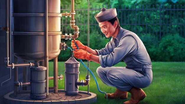 Plumber inspecting and testing backflow prevention valve.