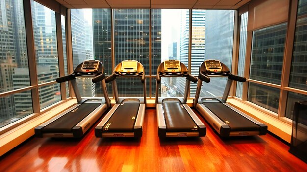 Hotel fitness center featuring exercise equipment and mirrors.