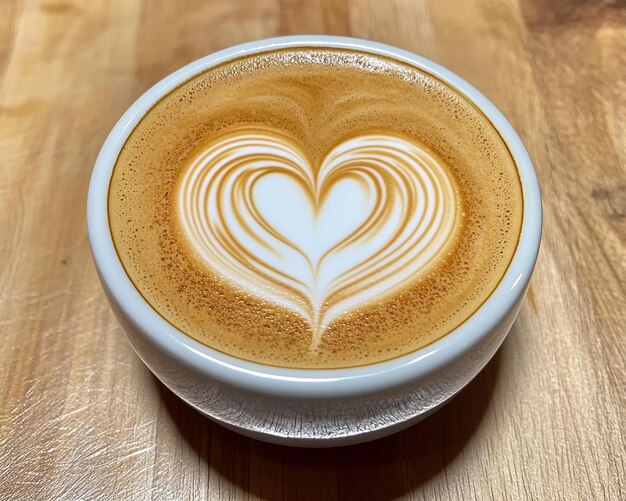 Cappuccino decorado con latte art en ambiente de café.