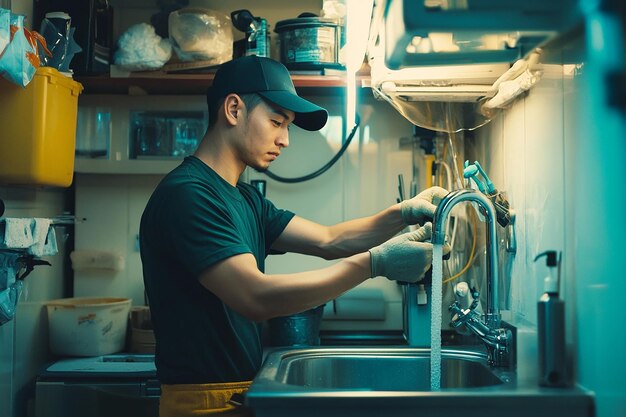 Plumber mounting stainless steel sinks in a commercial kitchen.
