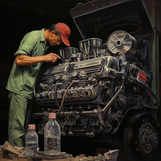 Mechanic diagnosing and repairing car engine in shop.