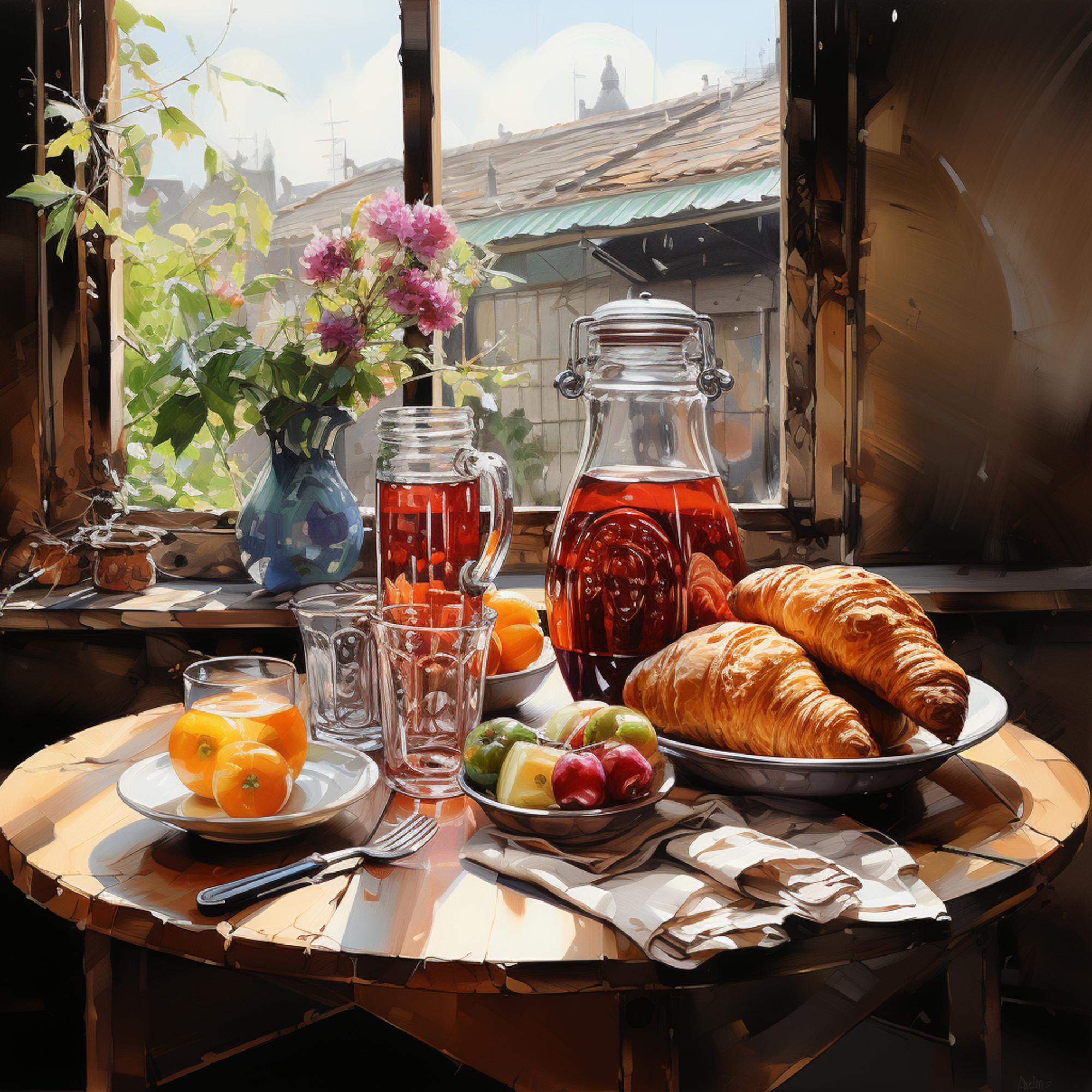 Mesa de desayuno en el Hôtel Joyet de Maubec con productos frescos y presentación exquisita.