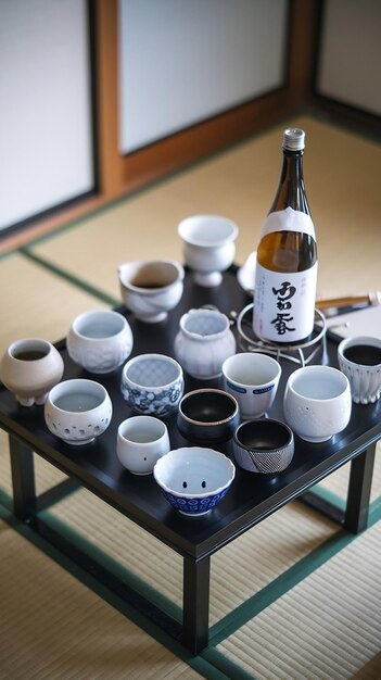 Assortment of sake bottles and serving cups.