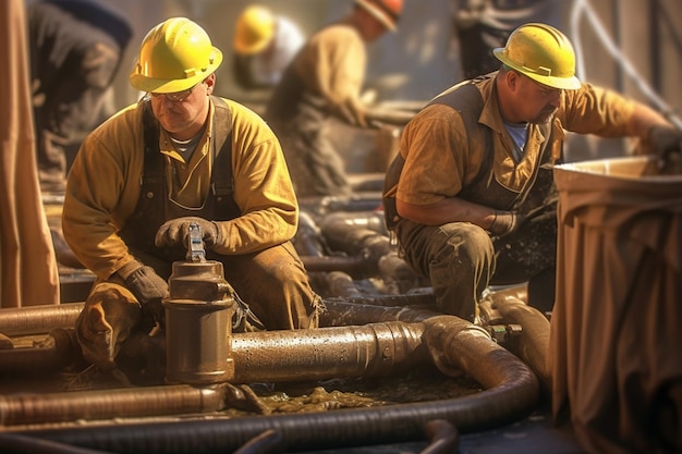 Plumbers fitting new pipes in a commercial ceiling space.