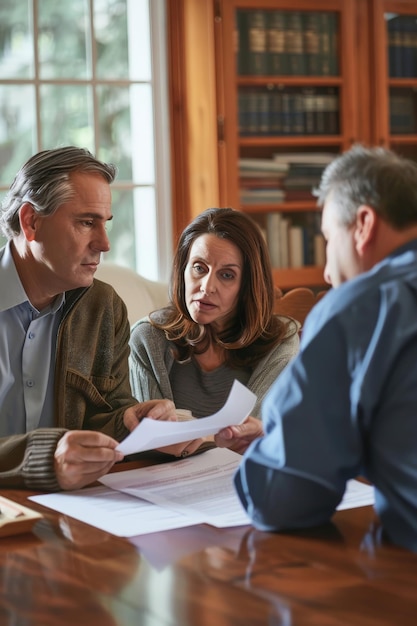 Profesional manejando papeles de herencia con clientes.